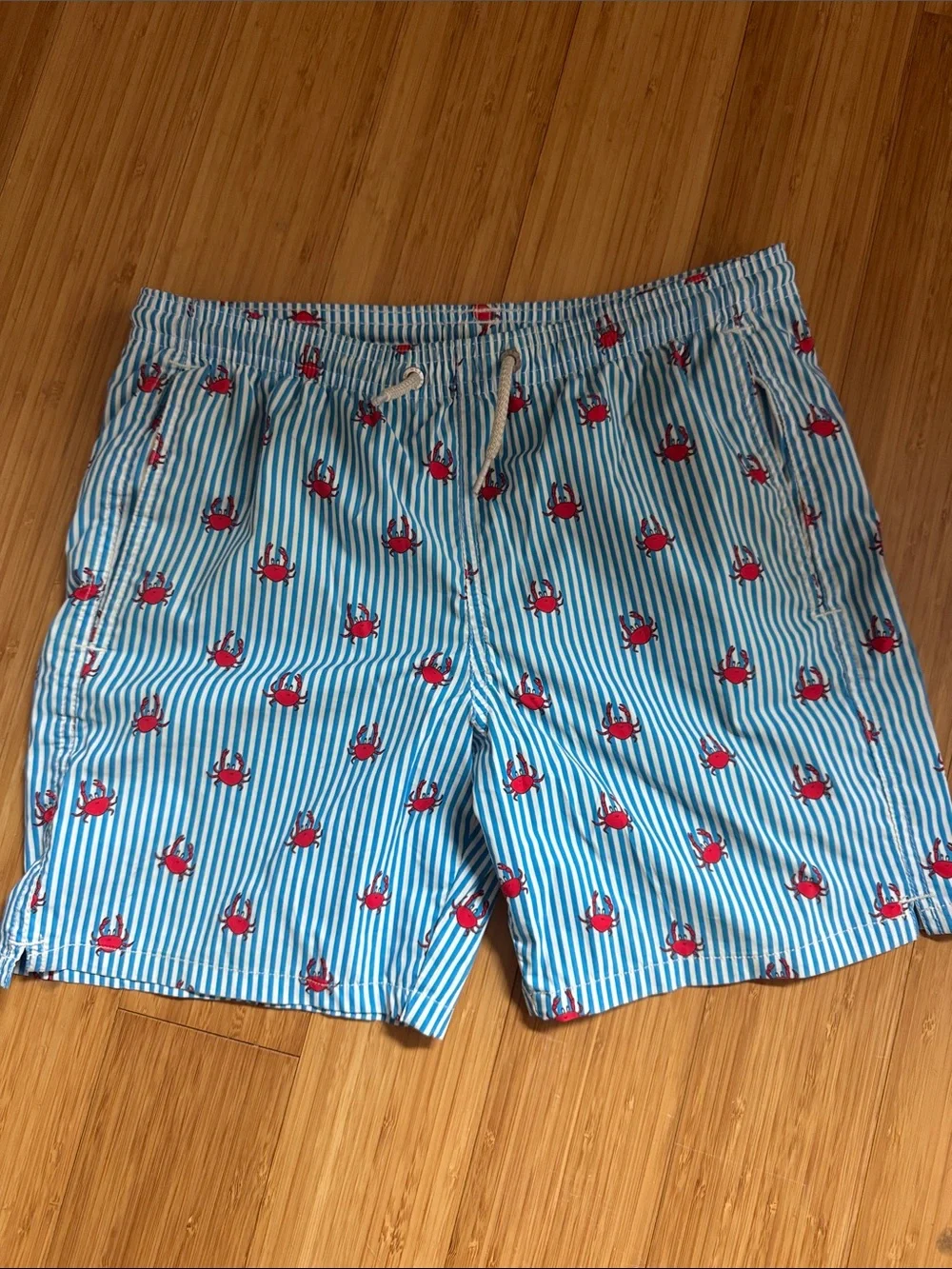 MC2 Saint Barth Kids Light Blue & White Striped Swim Shorts with Red Crab Print